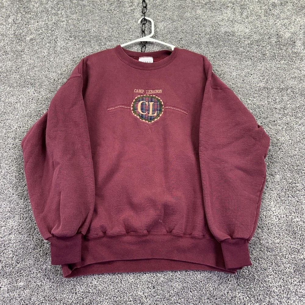 Vtg GENUS Sweatshirt Mens XL Maroon Fleece Camp Lebanon CL Crewneck USA Graphic